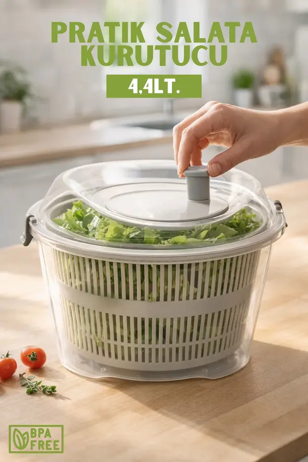  Pratik Salata Kurutucu - Sebze Yıkama ve Süzme Kabı - 4,4Lt.